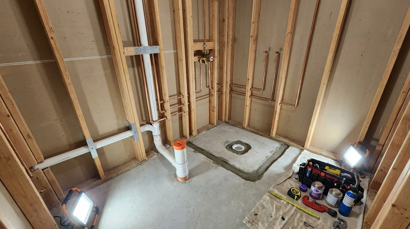 Bathroom rough-in plumbing during remodel by Johns Plumbing LLC in Godfrey
