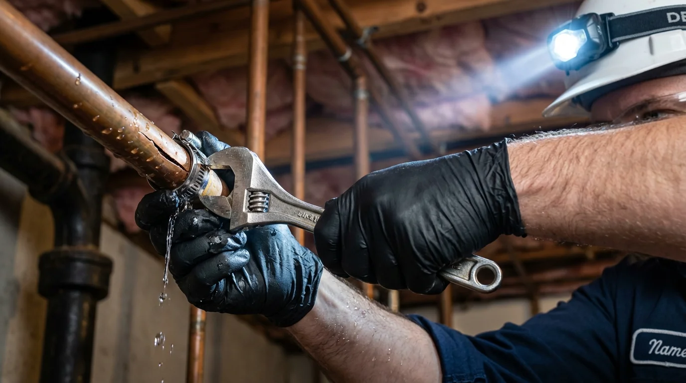 Emergency pipe clamp repair being performed by a Johns Plumbing LLC plumber in Godfrey