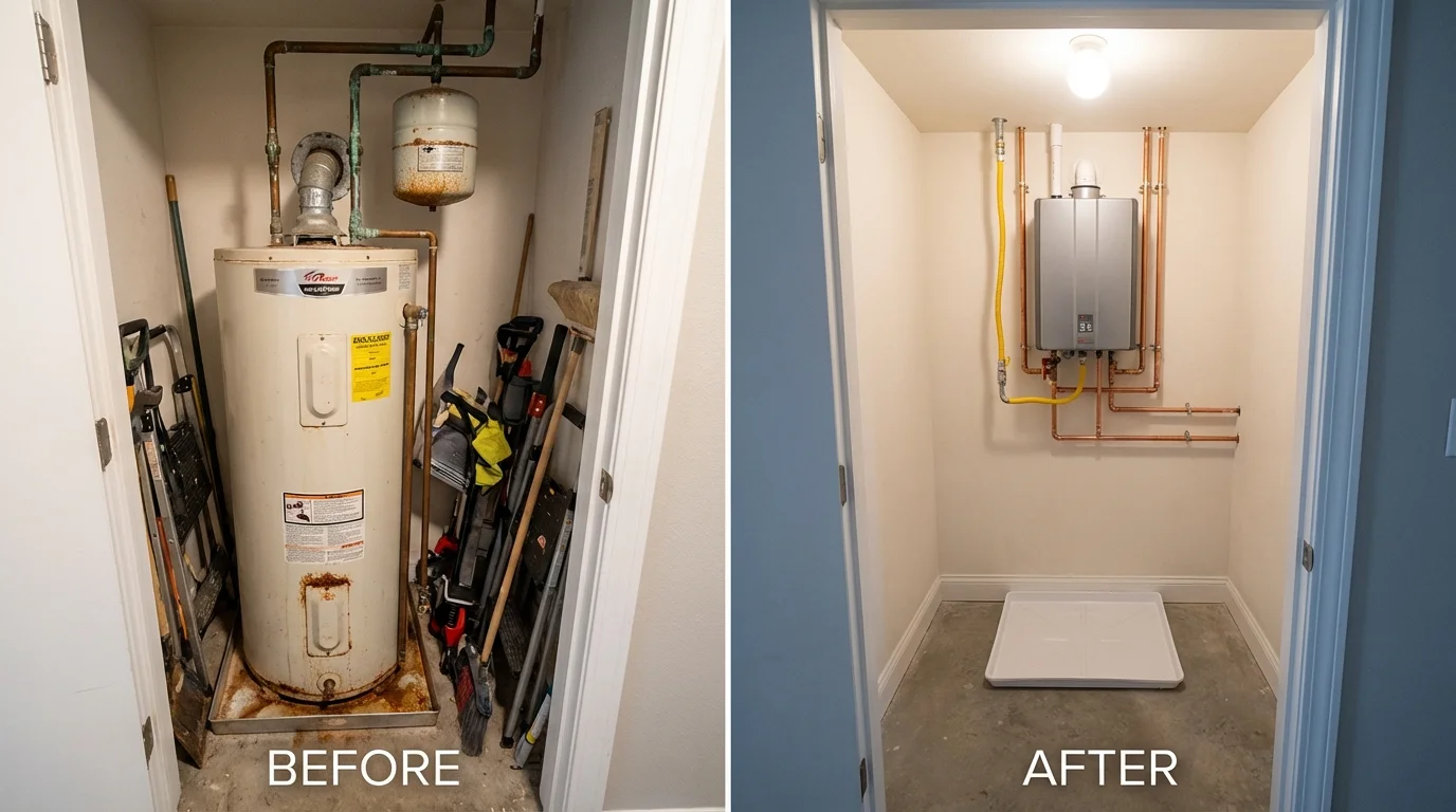 Tank water heater versus wall-mounted tankless unit comparison for Godfrey, IL homeowners
