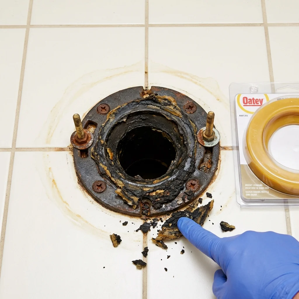 Failed wax ring showing water seepage at the base of a toilet in a Godfrey, IL home