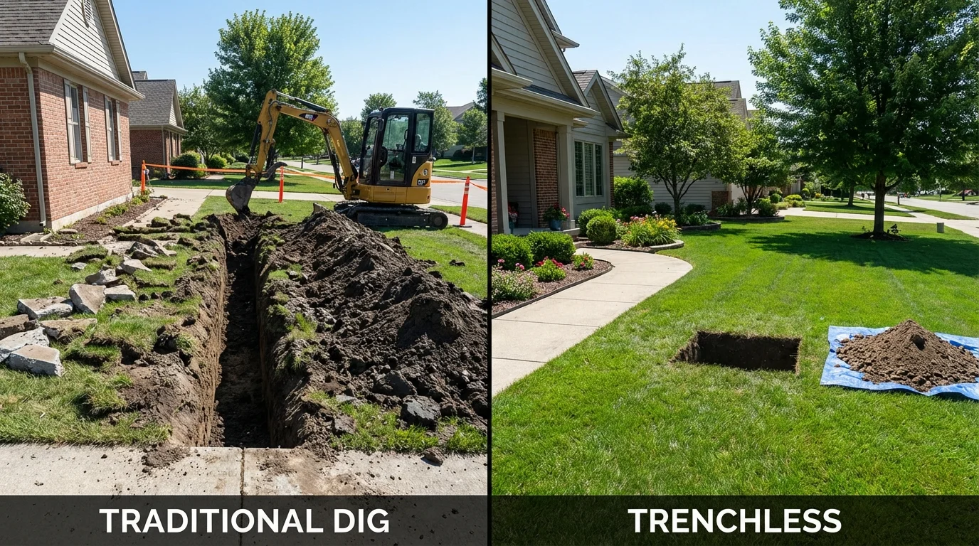 Trenchless sewer repair with minimal yard damage versus traditional excavation in Godfrey, IL